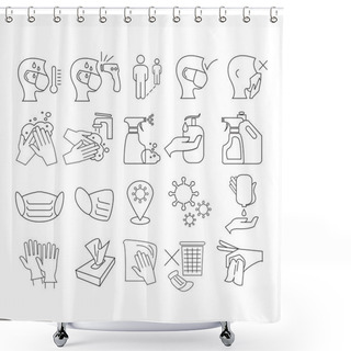 Personality  Outline Icons About Coronavirus Prevention. Clean And Disinfect, Sanitizer Products, Wash Your Hands, Wear Mask And Social Distancing Shower Curtains