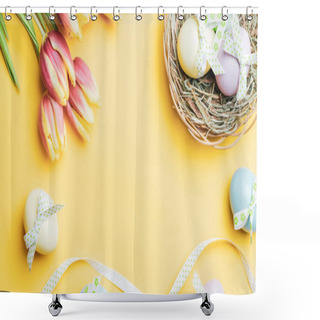 Personality  Egg Color. Happy Easter Decoration: Colorful Egg With Tape Ribbon, Spring Tulips, White Feathers On Pastel Yellow Background. Foil Minimalist Egg Design, Modern Top View Template Shower Curtains