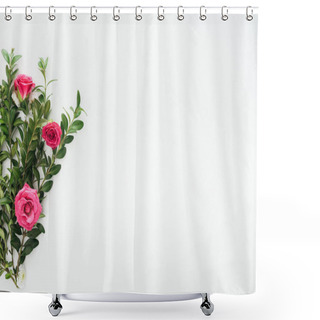 Personality  Top View Of Composition With Pink Roses And Green Boxwood On White Background Shower Curtains