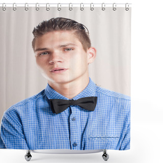 Personality  Refined Man In A Blue Shirt With Black Bow Tie Shower Curtains
