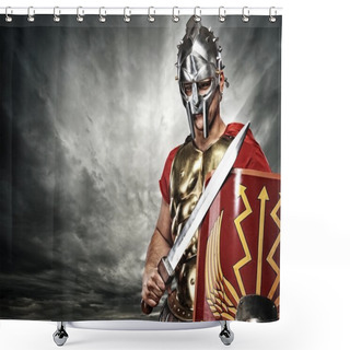 Personality  Legionary Soldier Over Stormy Sky Shower Curtains