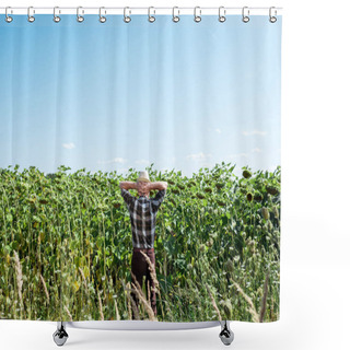 Personality  Back View Of Self-employed Farmer In Straw Hat Standing Near Sunflowers In Field  Shower Curtains