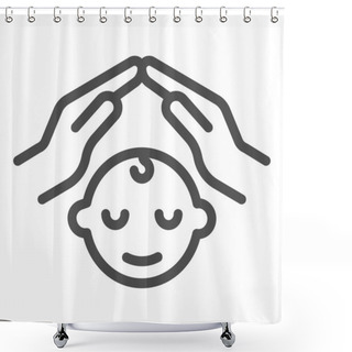 Personality  Parent Hands On Child Head Line Icon, 1st June Children Protection Day Concept, Protected Baby With Hand Sign On White Background, Child Care Icon Outline Style Mobile, Web. Vector Graphics. Shower Curtains