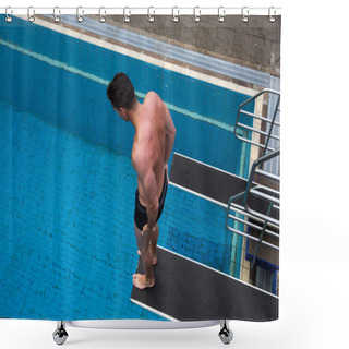 Personality  Man Standing On Diving Board At Public Swimming Pool Shower Curtains