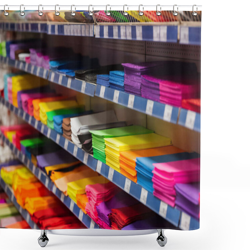 Personality  Rack With Multicolored Plastic Files And Folders In Stationery Store Shower Curtains