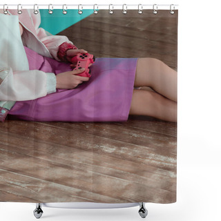 Personality  Cropped Shot Of Stylish Girl Sitting On Floor And Playing With Pink Joystick Shower Curtains