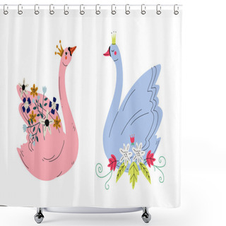 Personality  Beautiful Swan Princess With Golden Crown And Flower Decoration Vector Set Shower Curtains