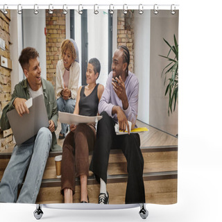 Personality  Startup, Happy Diverse Team Chatting, Holding Gadgets, Sitting On Stairs In Modern Coworking, Tech Shower Curtains