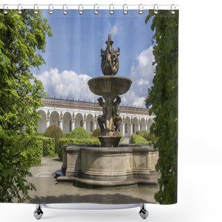 Personality  Flower Gardens In French Style, Fountain, Fountain And Colonnade Building In Kromeriz, Czech Republic, Europe Shower Curtains