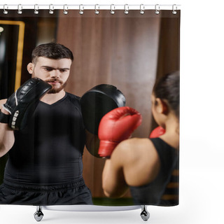 Personality  A Man In A Black Shirt And Red Boxing Gloves Prepares For A Match In A Gym Setting. Shower Curtains
