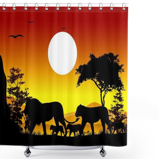 Personality  Beauty Lion Family Trip Silhouettes With Landscape Background Shower Curtains