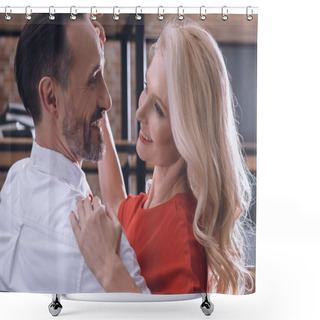 Personality  Smiling Happy Heterosexual Couple Dancing At Home At Romantic Date Shower Curtains