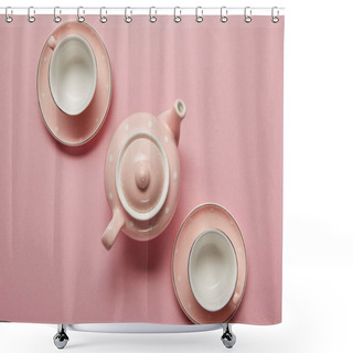 Personality  Pastel Pink Dotted Teapot And Cups With Saucers On Pink Background Shower Curtains