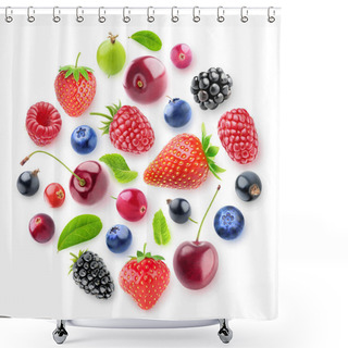 Personality  Isolated Fresh Berries In A Circular Composition. A Group Of Strawberry, Cherry, Blackberry And Other Fresh Berries Isolated On White Background With Clipping Path Shower Curtains