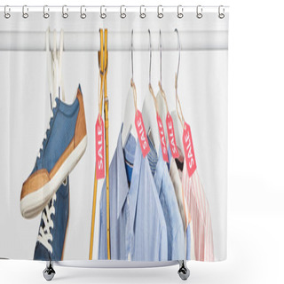 Personality  Sneakers, Bag And Elegant Shirts Hanging With Sale Labels Isolated On White, Panoramic Shot Shower Curtains