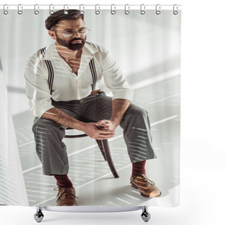 Personality  Handsome Bearded Man With Clenched Hands Sitting On Chair And Looking At Camera  Shower Curtains