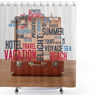 Personality  Open Vintage Suitcase With Vacation Icons And Words  Shower Curtains
