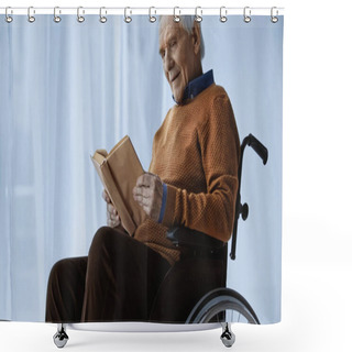 Personality  Senior Man Sitting In Wheelchair And Reading Book At Retirement Home Shower Curtains