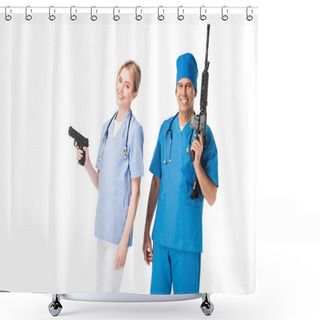 Personality  Medical Crew Nurse And Doctor In Uniform With Guns Isolated On White Shower Curtains