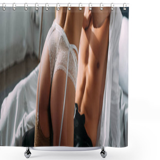 Personality  Cropped View Of Woman Touching Businessman On Bed In Bedroom, Panoramic Shot Shower Curtains