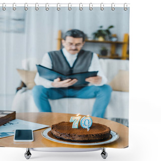 Personality  Selective Focus Of Birthday Cake With Burning Candles With Lonely Senior Man Holding Photo Album On Background Shower Curtains