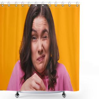 Personality  Frightened Woman Grimacing While Looking At Camera Isolated On Yellow Shower Curtains