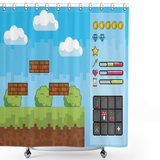 Personality  Arcade Game World And Pixel Scene Design  Vector Illustration Shower Curtains