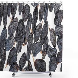 Personality  Top View Of Black Raisins Isolated On White, Panoramic Shot Shower Curtains