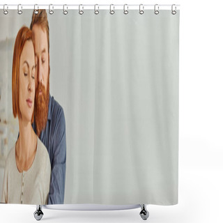 Personality  Married Couple Hugging In Cozy Bedroom, Day Off Without Kids, Redhead Husband And Wife, Enjoying Time Together, Weekends Together, Tattooed, Bonding, Parents Alone At Home, Banner  Shower Curtains
