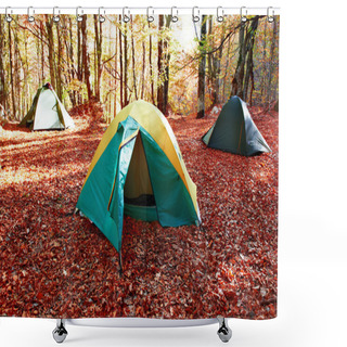 Personality  Green Tent In The Forest Shower Curtains