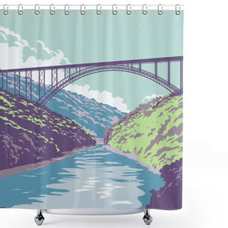 Personality  WPA Poster Art Of New River Gorge National Park And Preserve In The Appalachian Mountains In Southern West Virginia United States In Works Project Administration Style Or Federal Art Project Style Shower Curtains