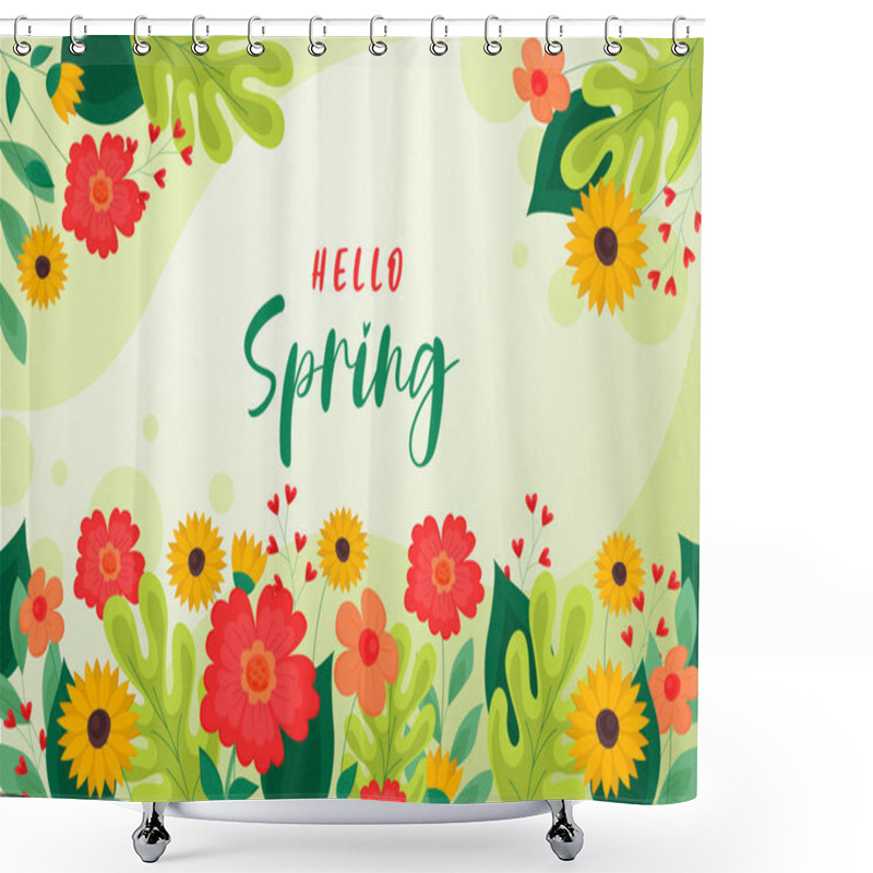 Personality  Hello spring vector greetings design. Spring text with colorful flower elements like camellia, daffodils, crocus and green leaves in background for spring season. Vector illustration shower curtains