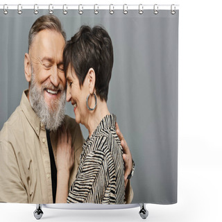 Personality  A Middle-aged Man And Woman, Dressed Stylishly, Wrapped In A Tender Embrace In A Studio Setting. Shower Curtains