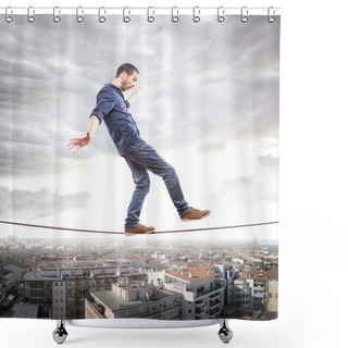 Personality  Young Man Walking On A Rope In Balance Shower Curtains