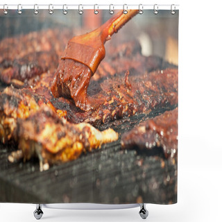 Personality  Basting Tasty Ribs On The Barbeque. Shower Curtains