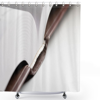 Personality  Close-up Of The Hardback Of A Thick Book On A Gray Background. Reading And Libraries Shower Curtains