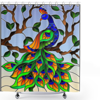 Personality  Illustration In Stained Glass Style Bird Peacock And Tree Branches On Background Of Blue Sky Shower Curtains