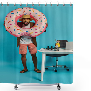 Personality  A Man Playfully Holds A Colossal Donut In Front Of His Face, Creating A Whimsical And Surreal Scene. Shower Curtains
