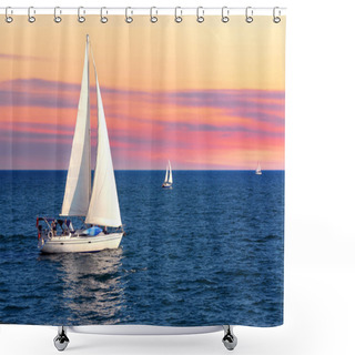 Personality  Sailboat Sailing Towards Sunset On A Calm Evening Shower Curtains