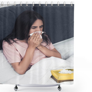Personality  Sick Young Woman With Box Of Paper Napkins Sneezing While Sitting In Bed Shower Curtains