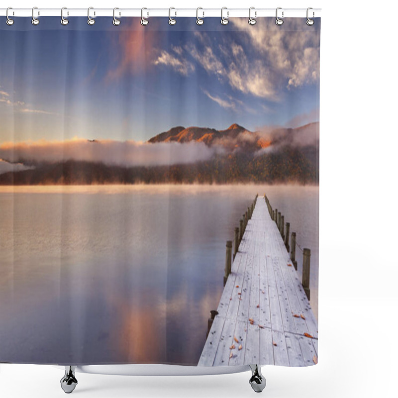 Personality  Jetty In Lake Chuzenji, Japan At Sunrise In Autumn Shower Curtains