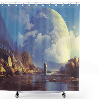 Personality  Scenery Of Lonely Woman Looking At Another Earth Shower Curtains