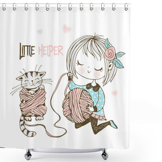 Personality  A Little Cute Girl Is Winding Yarn In A Ball And The Kitten Is Tangled In The Threads. Vector Shower Curtains