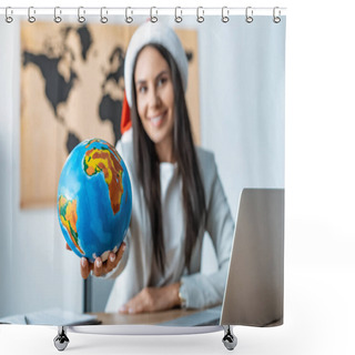 Personality  Cheerful Travel Agent Showing Globe And Smiling At Camera Shower Curtains