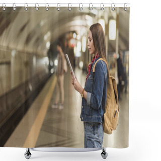 Personality  Side View Of Stylish Woman With Earphones And Digital Tablet At Metro Station  Shower Curtains