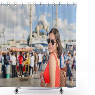 Personality  Beautiful Chinese Woman Poses At At Eminonu District With View Of Suleymaniye Mosque In Istanbul Shower Curtains