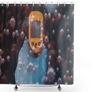 Personality  Digital Illustration Of Macro Covid-19 Cells Floating Over A Person Wearing Protective Gloves, Holding An Electronical Thermometer . Coronavirus Covid-19 Pandemic Concept Digital Composite Shower Curtains
