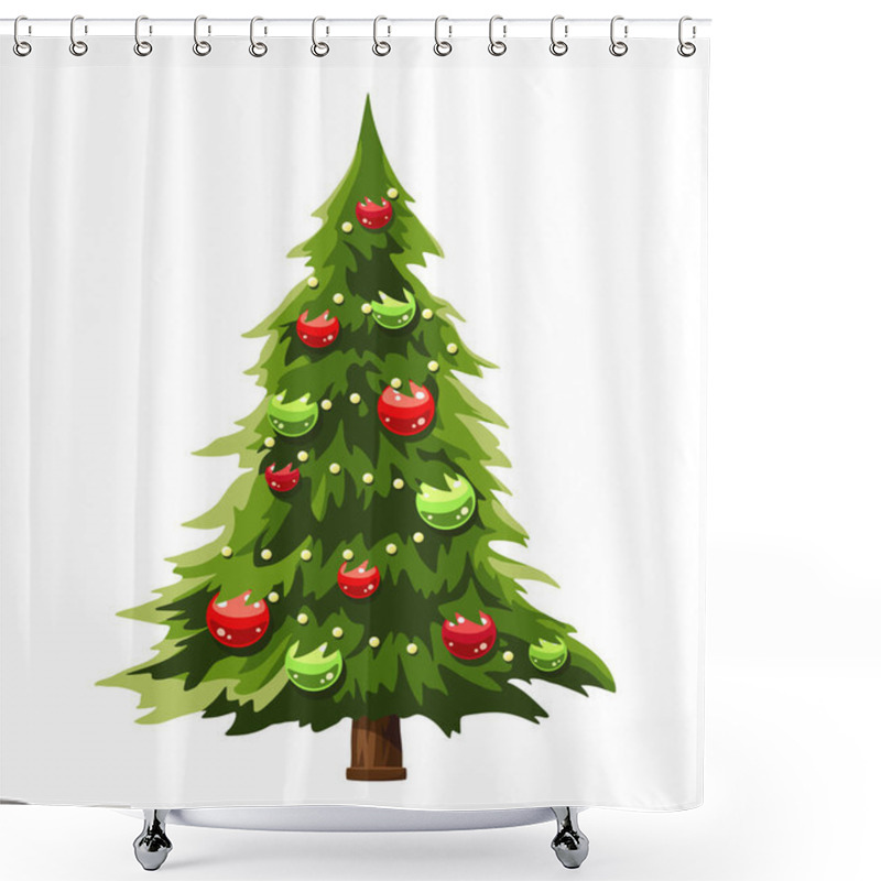 Personality  Vector Christmas Tree Decorated With Red And Green Balls Isolated On A White Background. Shower Curtains