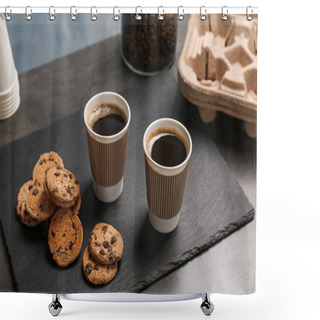 Personality  Composition With Aromatic Hot Coffee In Paper Cups And Cookies On Table Shower Curtains
