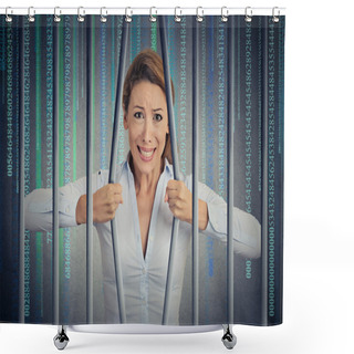 Personality  Stressed Woman Bending Bars Of Her Digital Prison Binary Code Cell Shower Curtains